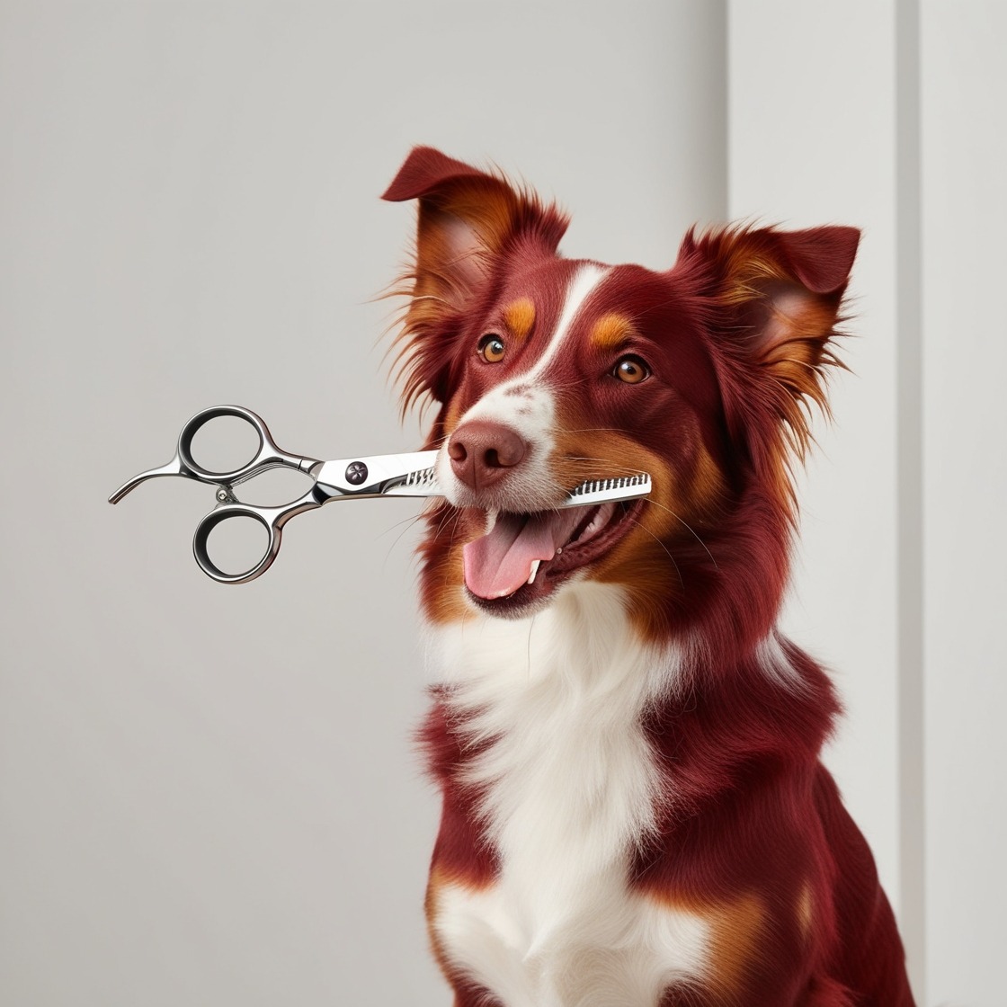 Create a photorealistic header image for 'Beggin Fur A Cuttin', a dog grooming business. The composition should feature a cheerful dog being groomed by a professional groomer in a bright, welcoming grooming salon. The groomer, a friendly-looking individual wearing a stylish grooming apron, should be gently brushing the dog, who is enjoying the pampering session. The lighting should be warm and inviting, suggesting a sunny afternoon, with soft shadows to enhance the depth. Use a vibrant color palette with pastel shades of blue and green to create a calm and serene atmosphere. The camera angle should be slightly elevated, capturing both the groomer and dog in a close-up, emphasizing their connection. Add texture details such as the fluffy fur of the dog and the smooth surfaces of the grooming tools. Include environmental elements like grooming tables, pet shampoo bottles on a shelf, and playful pet-themed decor. The overall mood should be joyful and relaxed, reflecting a spa-like experience. Refer to contemporary pet grooming branding for style. The image should be in ultra-high quality, 8K resolution, hyperrealistic, ensuring every detail shines., ultra high resolution, photorealistic, 8K, hyperdetailed, cinematic lighting